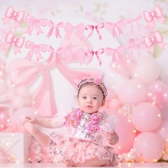 4Pcs Pink Bow Garland Banner, Pre Strung Pink Bow Banner Bow Party Decortions…