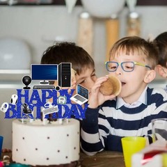 Blue Happy Birthday Computer Intelligence Theme Cake Topper Decoration