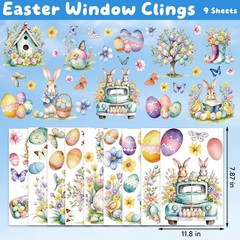 9 Sheets Easter Window Clings for Glass Windows – Watercolor Bunny Multicolor