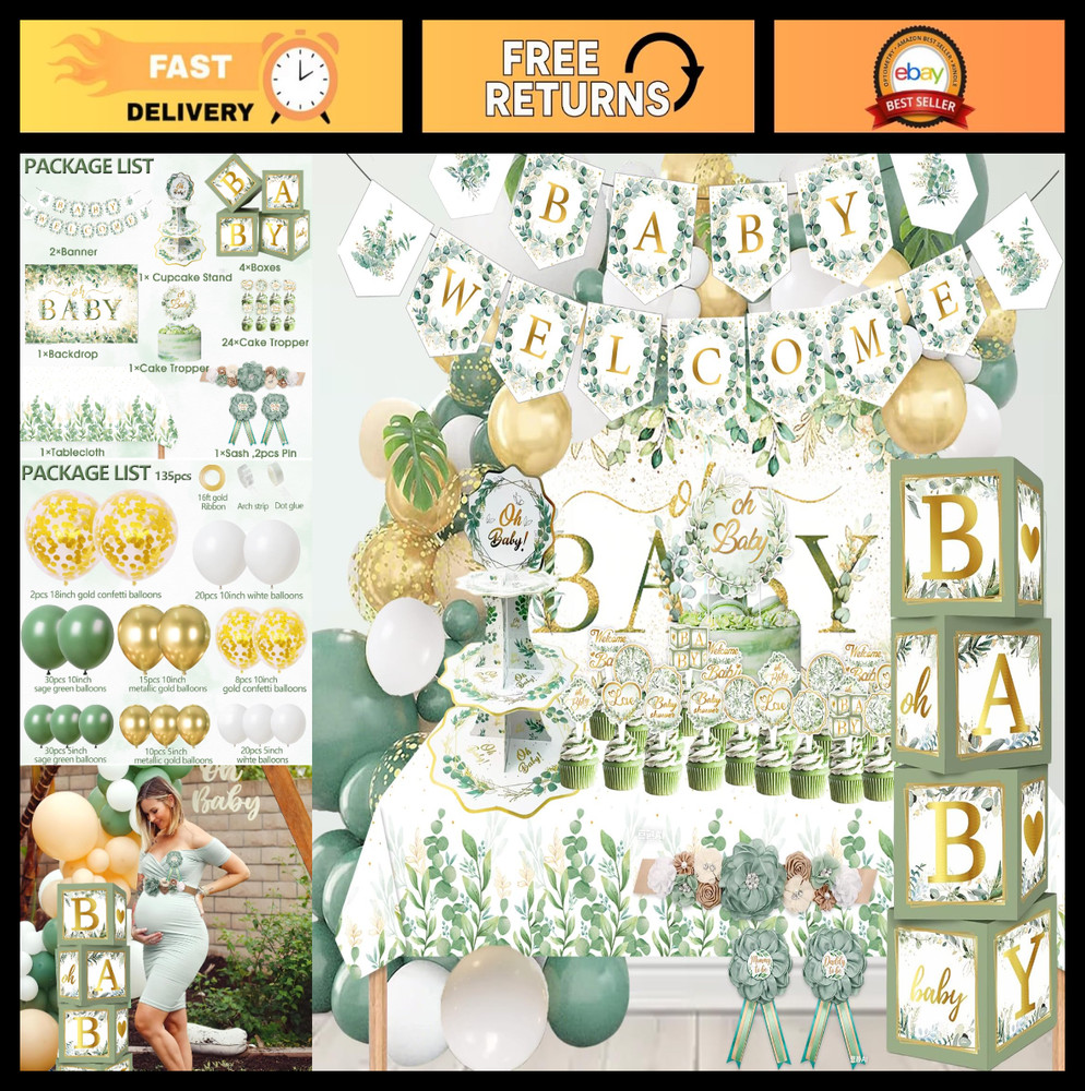 Sage Green 172pcs Gender Neutral Baby Shower Decorations – Boho Party Supplies,