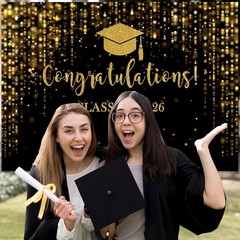 Elegant 2026 Graduation Backdrop – Black Gold Glitter Bokeh, 7x5ft Perfect fo…