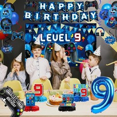 9th Decorations for Boys, Blue Video Game Party Decorations, Level 9 Backdrop…