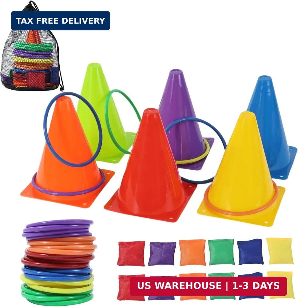 42 pcs 3-in-1 Carnival Games Set Plastic Colorful Cones Ring Toss Combo Set Outd
