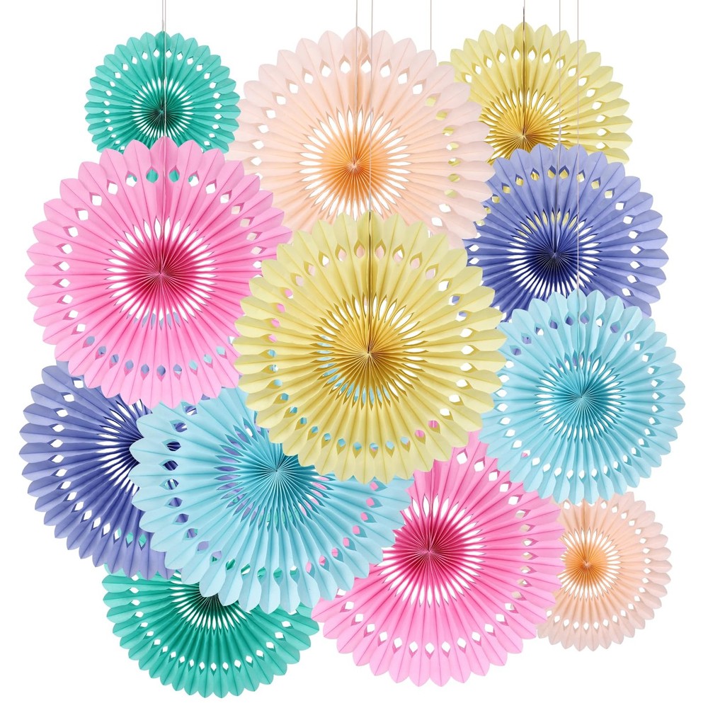 12 PCS Pastel Rainbow Paper Fans Tissue Flowers Groovy Birthday Party Decor
