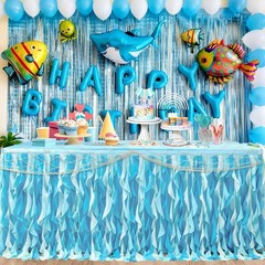 2 Pcs 6 ft Summer Ocean Tulle Ruffle Curly Table Skirt with Fish Net Set Blue…