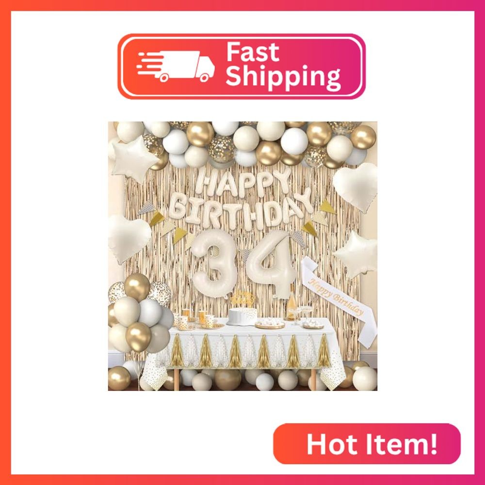 Miidenks 34th Birthday Decorations for Women, White and Gold 34 Boho Birthday Pa