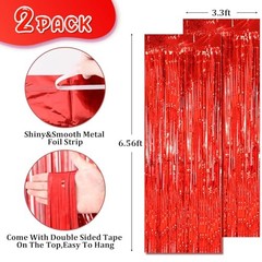 2 Pack Red Tinsel Foil Fringe Curtains, Red Party Decorations, Laser Red