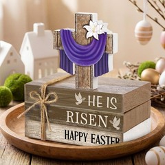 Easter He Is Risen Wooden Sign Table Centerpiece Cross Faux Book 4 PCS