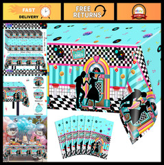 6 Pack 50s Tablecloths – Vintage Rock ‘n’ Roll Party Decorations, 108×54 Inch