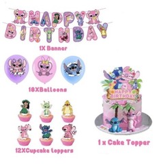 Lilo & Stitch Birthday Party Decorate Supplies Set，Balloon Banner Cake Toppers
