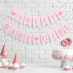 2 Pcs Pre Strung Pink Gingham Sweet Baby Girl Banner Pink Girl Baby Shower Banne