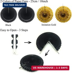 ZERODECO Party Decoration, 21 Pcs Black and Gold Hanging Paper Fans, Pom Poms Fl