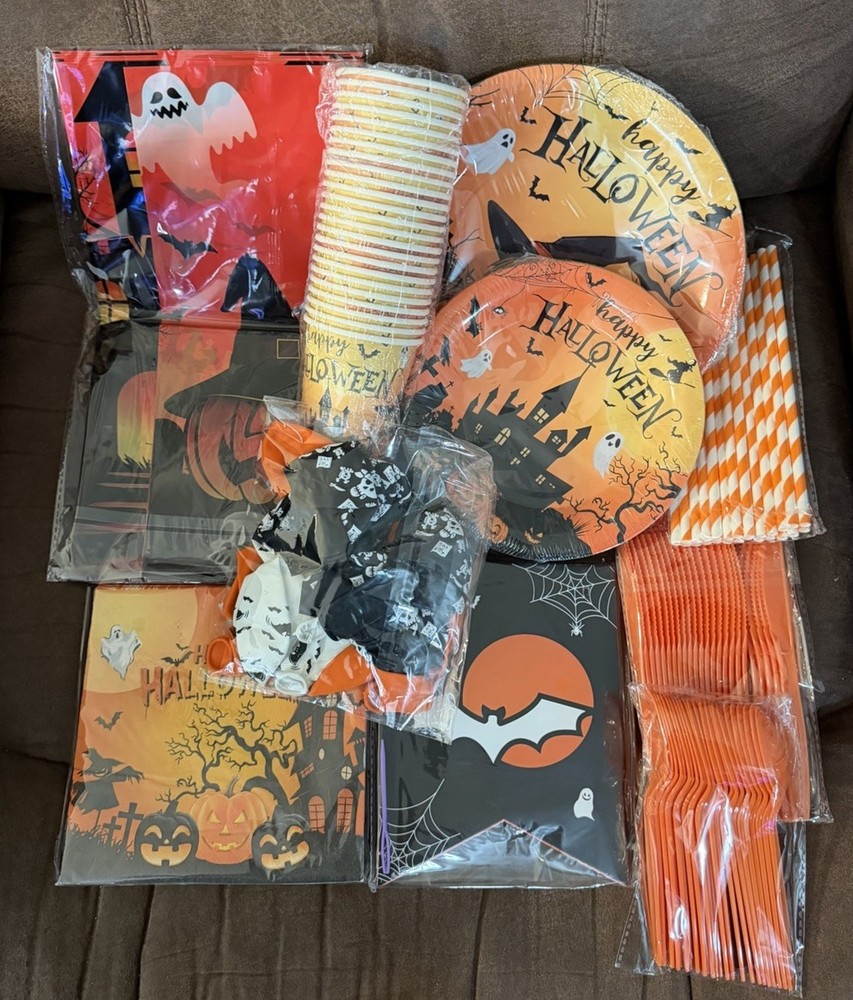 Halloween Party Supplies Lot Plates Cups Balloons Tablecloth Banner Straws