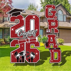 Graduation Yard Sign Class of 2026 Decorations, 4pcs Large Size Red and Black Co