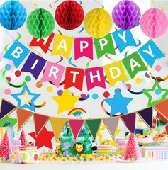 Colorful Birthday Decorations, Happy Birthday Banner with Honeycomb Balls, St…