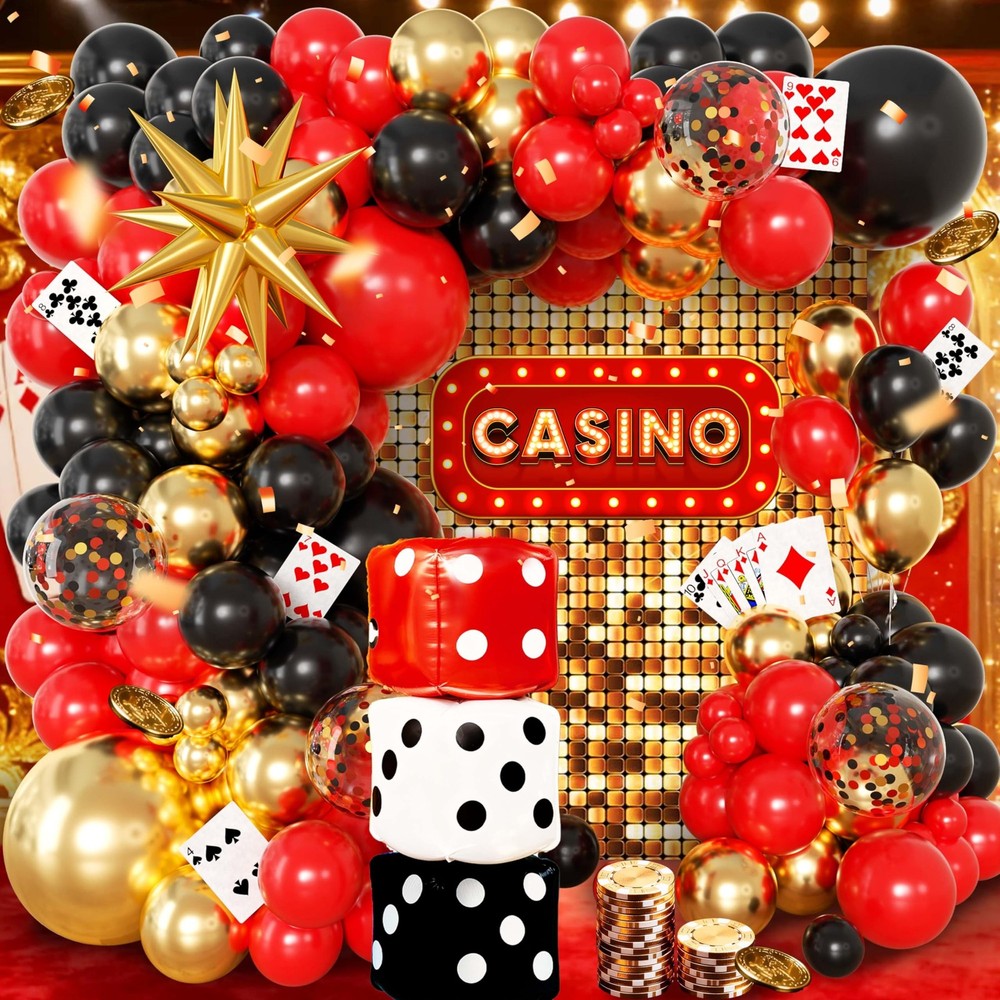 104pcs Casino Party Decorations Balloon Garland Arch Kit with 3 Giant Foil Di…