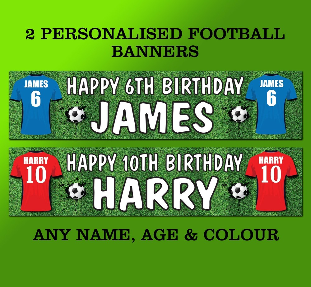 2 PERSONALISED FOOTBALL SHIRT BIRTHDAY PARTY BANNER UNITED CITY TEAM ANY COLOUR