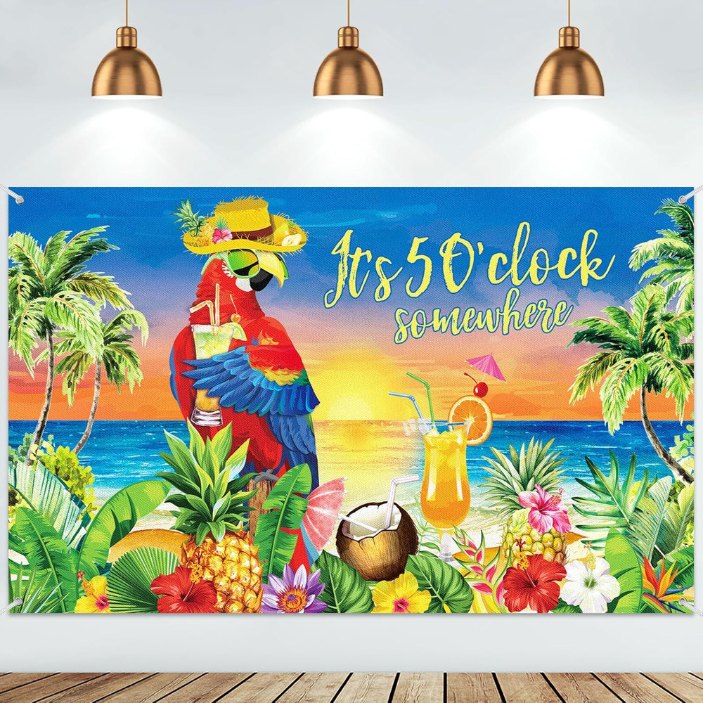 It’S 5 O’ Clock Somewhere Summer Backdrop Tropical Parrot Banner Beach Hawaii De