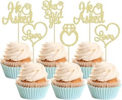 He Asked She Said Yes Cupcake Toppers Gold Glitter Diamond Ring Heart Love Ca…