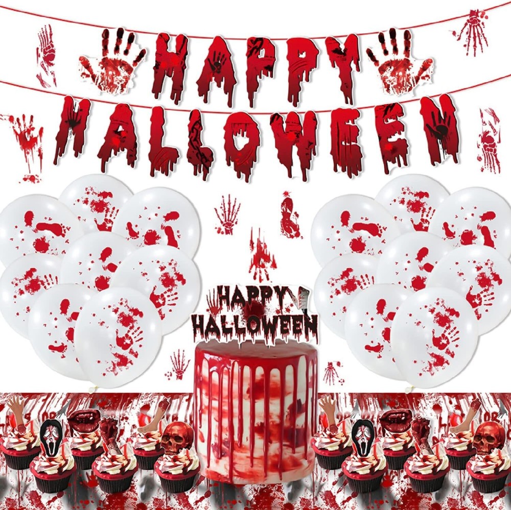 Halloween Decoration Set ,Balloons,Horror stickers.Blood Hand Print Table cloth,
