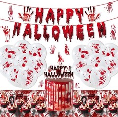 Halloween Decoration Set ,Balloons,Horror stickers.Blood Hand Print Table cloth,