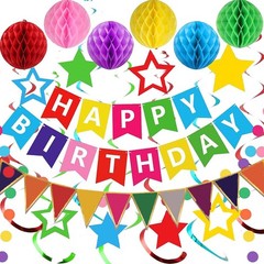 Colorful Birthday Decorations, Happy Birthday Banner with Honeycomb Balls, Stars