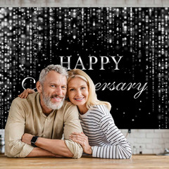 Happy Anniversary Backdrop Black Silver Glitter Marriage Wedding Party