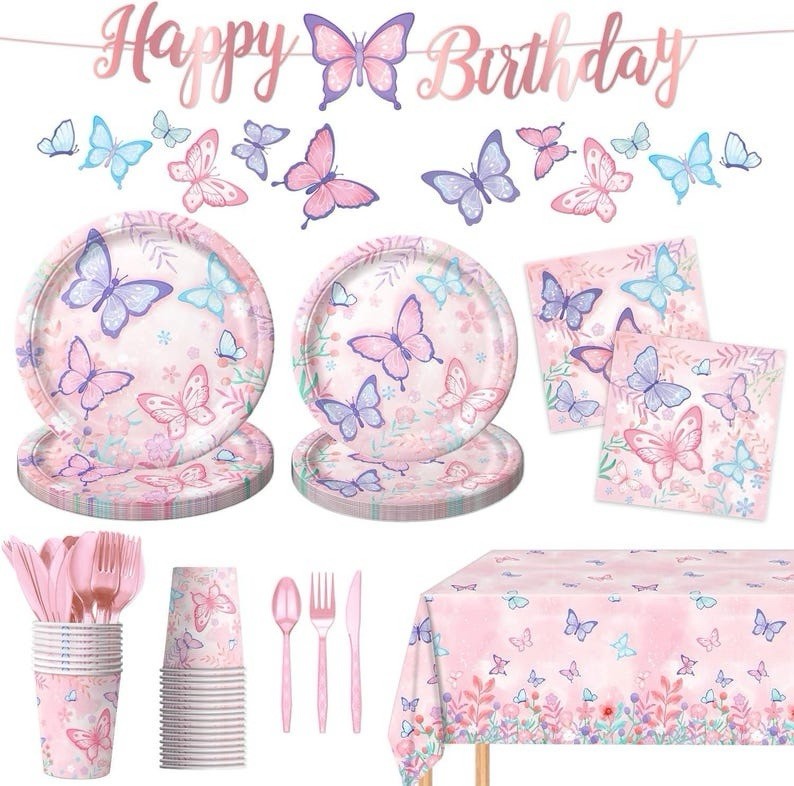 142 Pcs Butterfly Birthday Tableware Party Supplies, Serves 20, For Girls