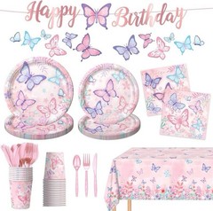 142 Pcs Butterfly Birthday Tableware Party Supplies, Serves 20, For Girls