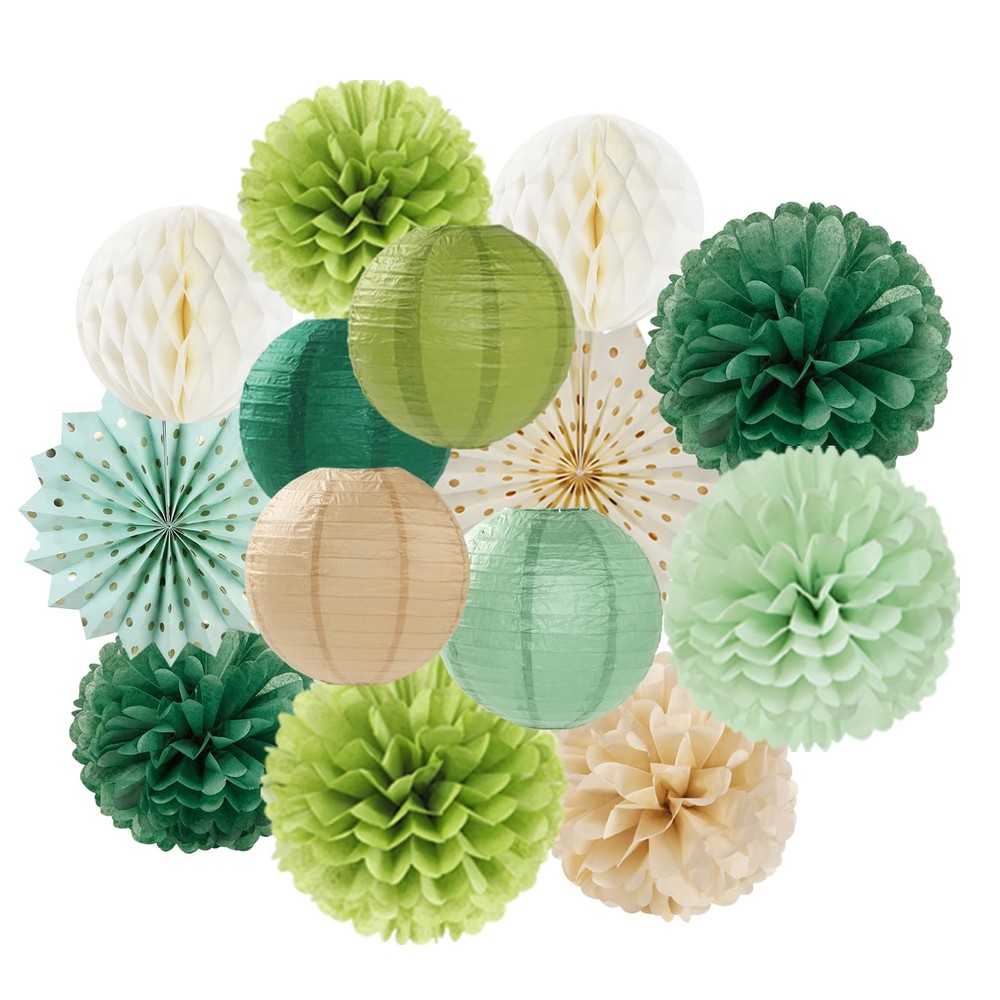 Sage Green Gold Party-Decorations Streamers-Lanterns – 14pcs Olive Fan Honeyc…