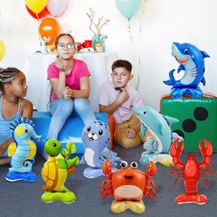 7 Pcs Ocean Animal Balloons – Standing Turtle Seahorse Dolphin Shark Crab Lob…