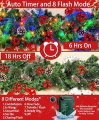 Timer – 9Ft by 10 Inch Prelit Christmas Garland with 50 Colorful Lights, Thick