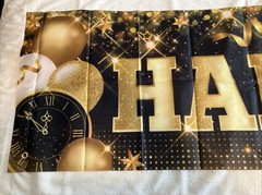 Happy New Year Banner, 116 in Long, 19 1/2 in Tall, Gold, Black, White