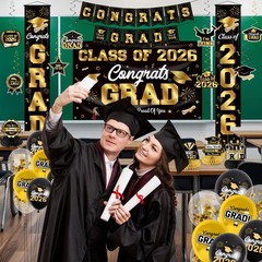 Graduation Decorations 2026 Black and Gold Party Decor Set include Congrats G…