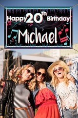 Birthday Gold Backdrop Background Banner Any Name, Age Music Party decoration
