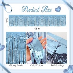 2 Pack Light Blue Table Skirts, 29×108″ Metallic Foil Tinsel Fringe Table Ski…