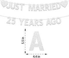 25th Wedding Anniversary Party Banner Decorations, Silver Glitter Just Married 2