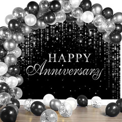 Happy Anniversary Backdrop Glitter Black Silver Cheers to Marriage