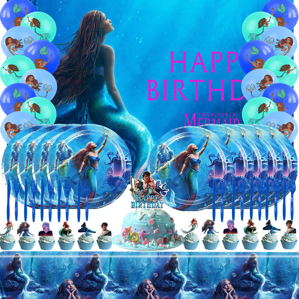 Ariel Princess Party Supplies Set Plates Balloons Banner Cake Toppers