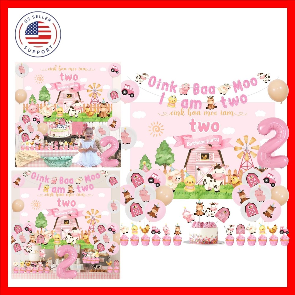 Farm 2nd Birthday Decorations for Girl – Oink Baa Moo Im Two Backdrop, Banner…