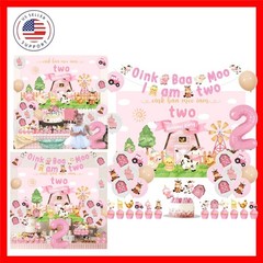 Farm 2nd Birthday Decorations for Girl – Oink Baa Moo Im Two Backdrop, Banner…