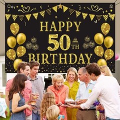 50th Birthday Celebration Backdrop – Lightweight Gold Black 5.9ft x 3.6ft Decor