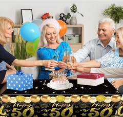 2Pcs 50Th Birthday Tablecloth, Black Gold 50Th Birthday Decorations for Men Wome