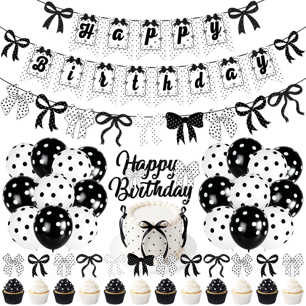 Bow Happy Banner Decorations,Cute Black and White Polka Dot Theme Brithday De…