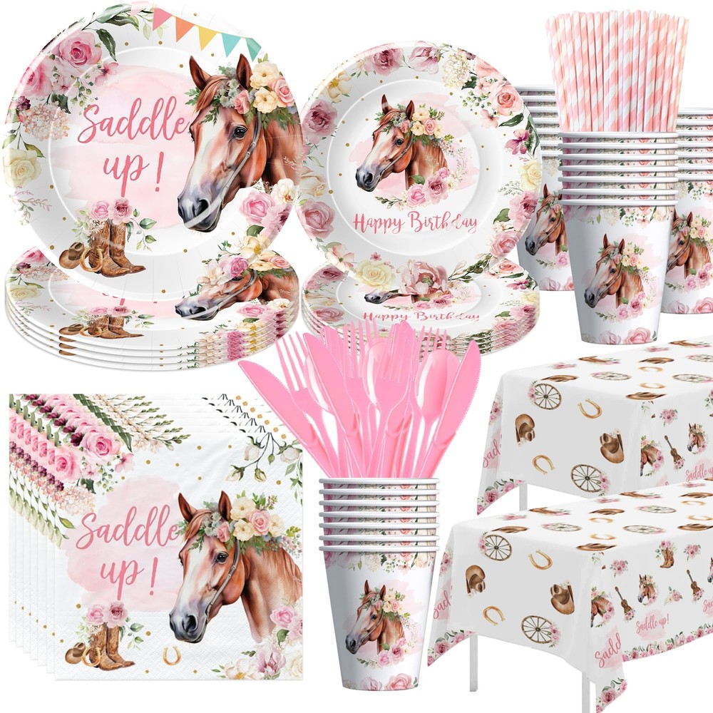 Cowgirl Party Decorations Tableware – Horse Theme Saddle Up Western Party Sup…