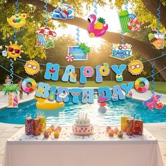 Pool Party Birthday Decorations Banner Set NO-DIY 2Pcs Happy Birthday Banner …