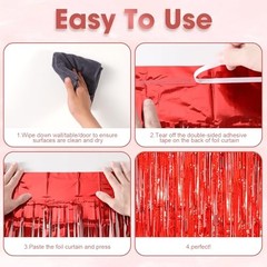 2 Pack Red Tinsel Foil Fringe Curtains, Red Party Decorations, Laser Red