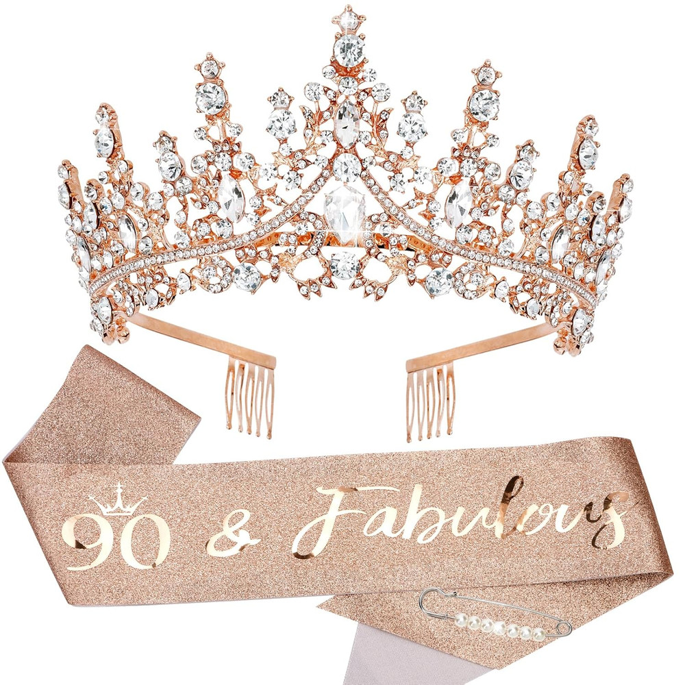 TOBATOBA 90Th Birthday Tiaras and Sashes – Fabulous Rose Gold Decorations for Wo