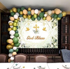 Greenery God Bless Backdrop 7x5ft Baptism Communion Banner Green Gold Decor