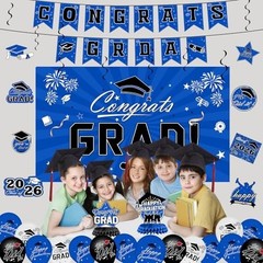 2026 Graduation Decorations Set – Blue Congrats Grad Banner, Backdrop, Balloons